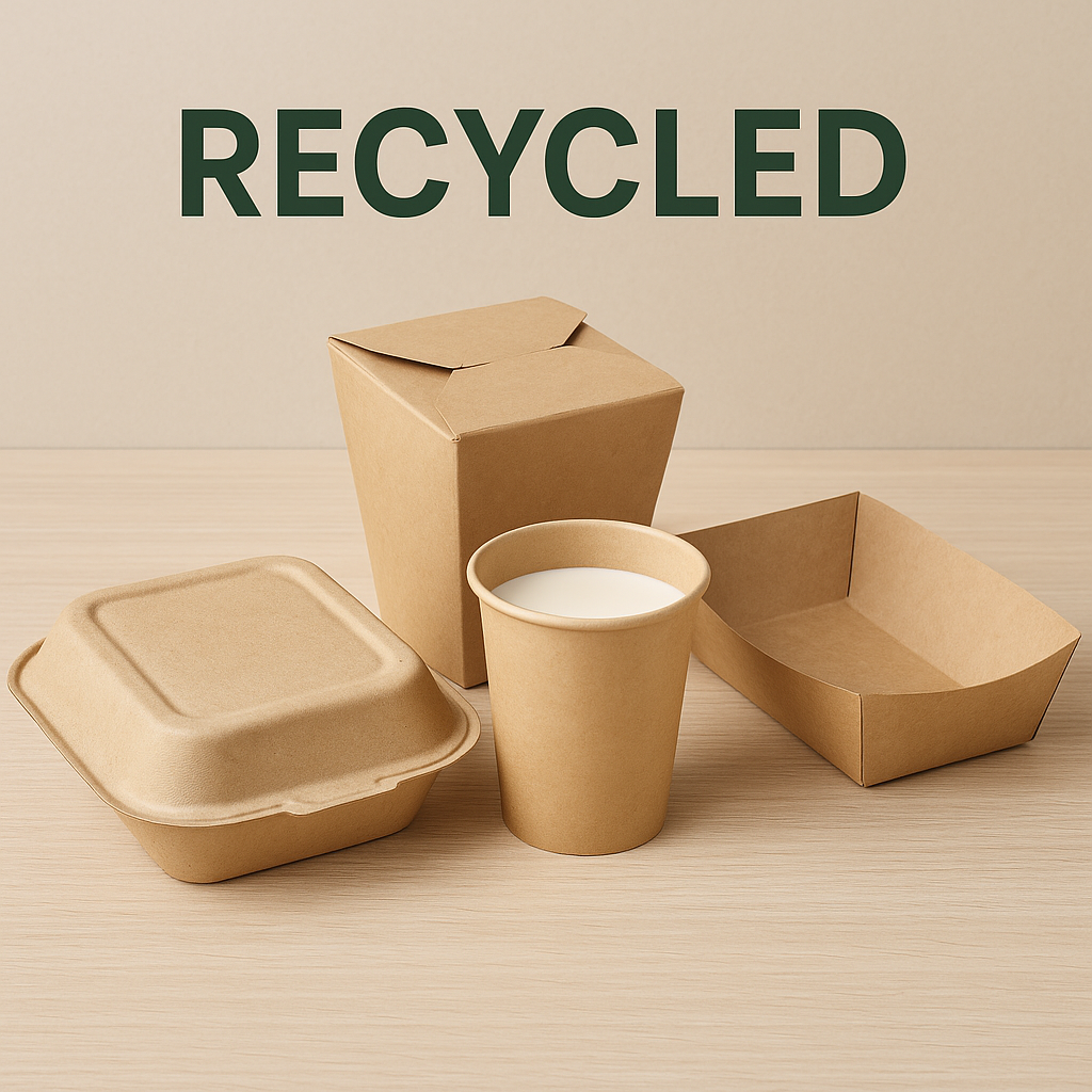 Recycled brown kraft paper food packaging including a clamshell container, paper cup, takeaway box, and food tray on wooden surface – eco-friendly packaging by VS Packaging