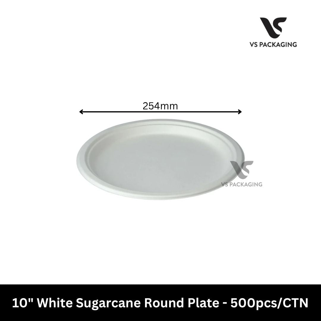 10" White Sugarcane Round Plate - 500pcs/CTN VS Packaging