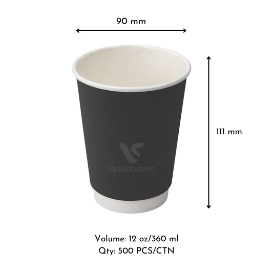 12oz Black Double Wall Paper Coffee Cups – 90mm (500pcs) by VS Packaging