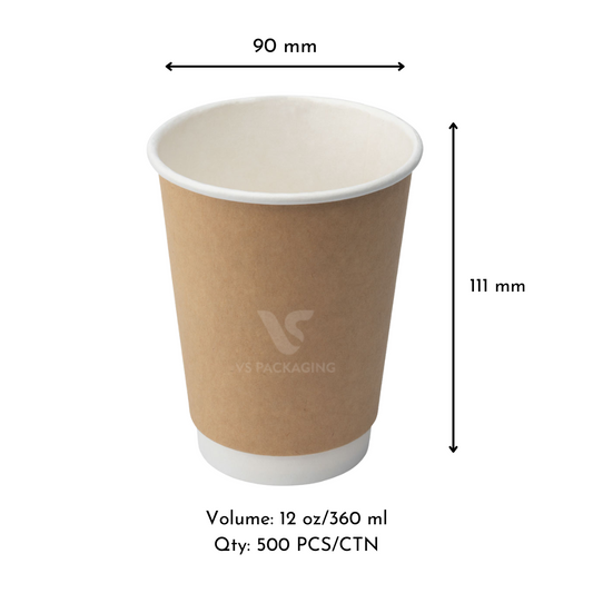 12oz Kraft Double Wall Paper Coffee Cups – 90mm (500pcs) by VS Packaging