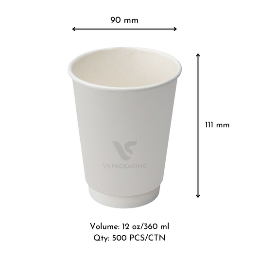 12oz White Double Wall Paper Coffee Cups – 90mm (500pcs) by VS Packaging