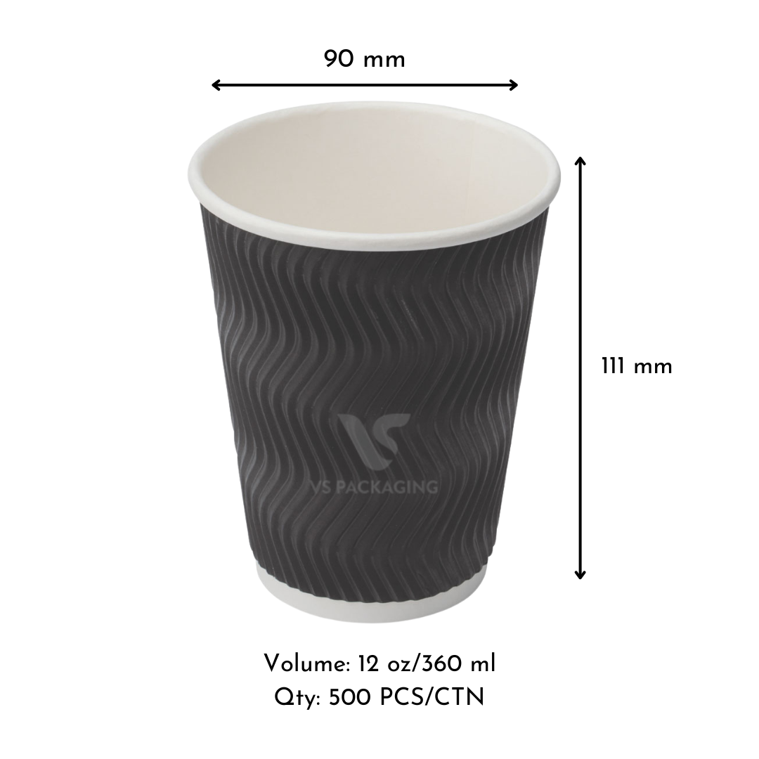 12oz Black Ripple Wall Coffee Cups – 90mm (500pcs) by VS Packaging