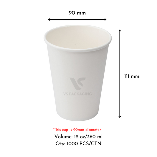 12oz White Single Wall Paper Coffee Cup – 90mm Diameter (1000pcs) by VS Packaging