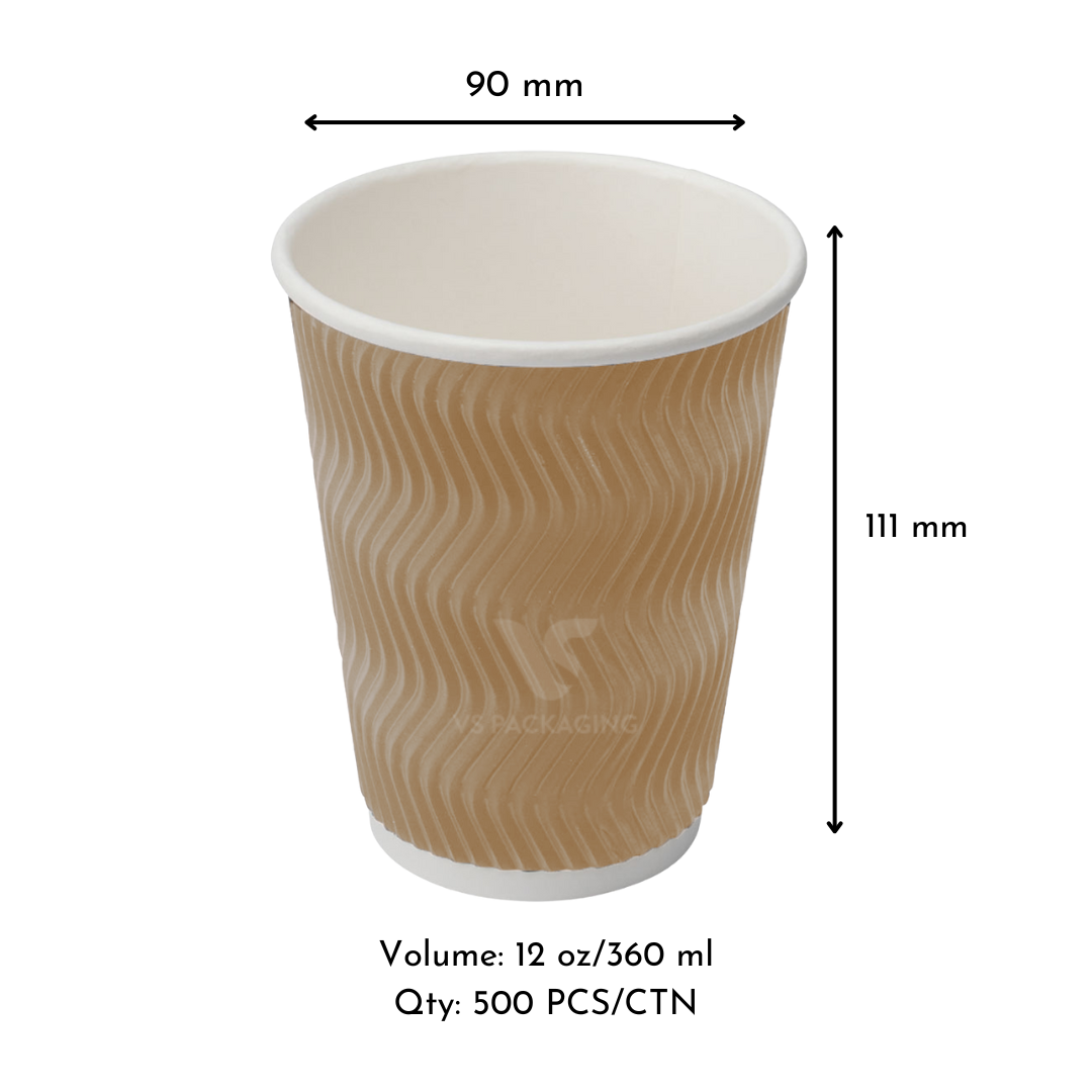 12oz Kraft Ripple Wall Coffee Cups – 90mm (500pcs) by VS Packaging