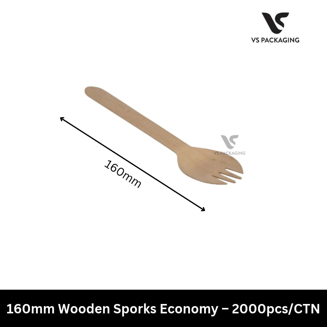 160mm Wooden Sporks Economy Eco-Friendly Disposable Cutlery – 2000pcs/CTN VS Packaging