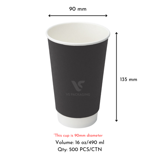16oz Black Double Wall Paper Coffee Cups – 90mm (500pcs) by VS Packaging