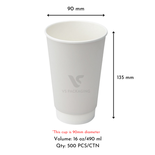 16oz White Double Wall Paper Coffee Cups – 90mm (500pcs) by VS Packaging