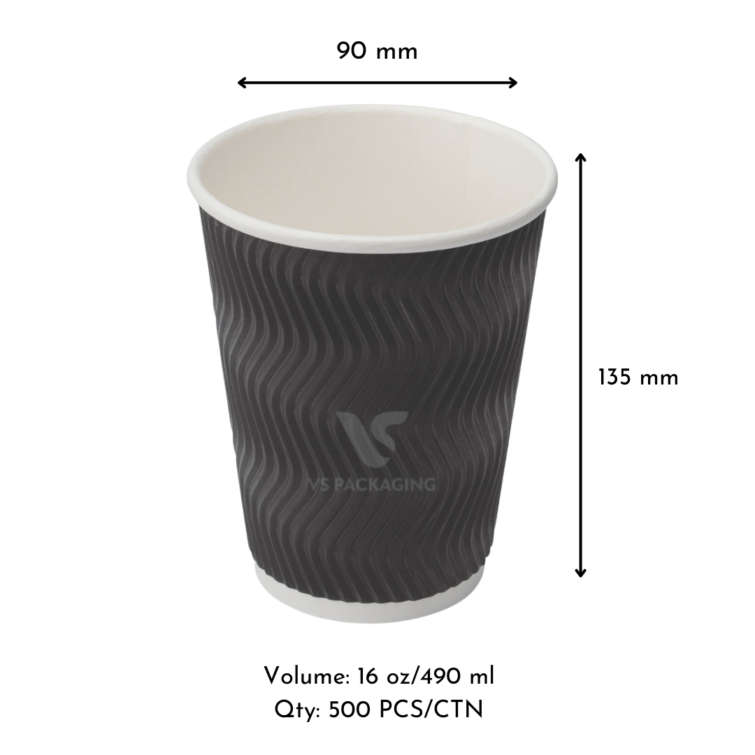 16oz Black Ripple Wall Coffee Cups – 90mm (500pcs) by VS Packaging