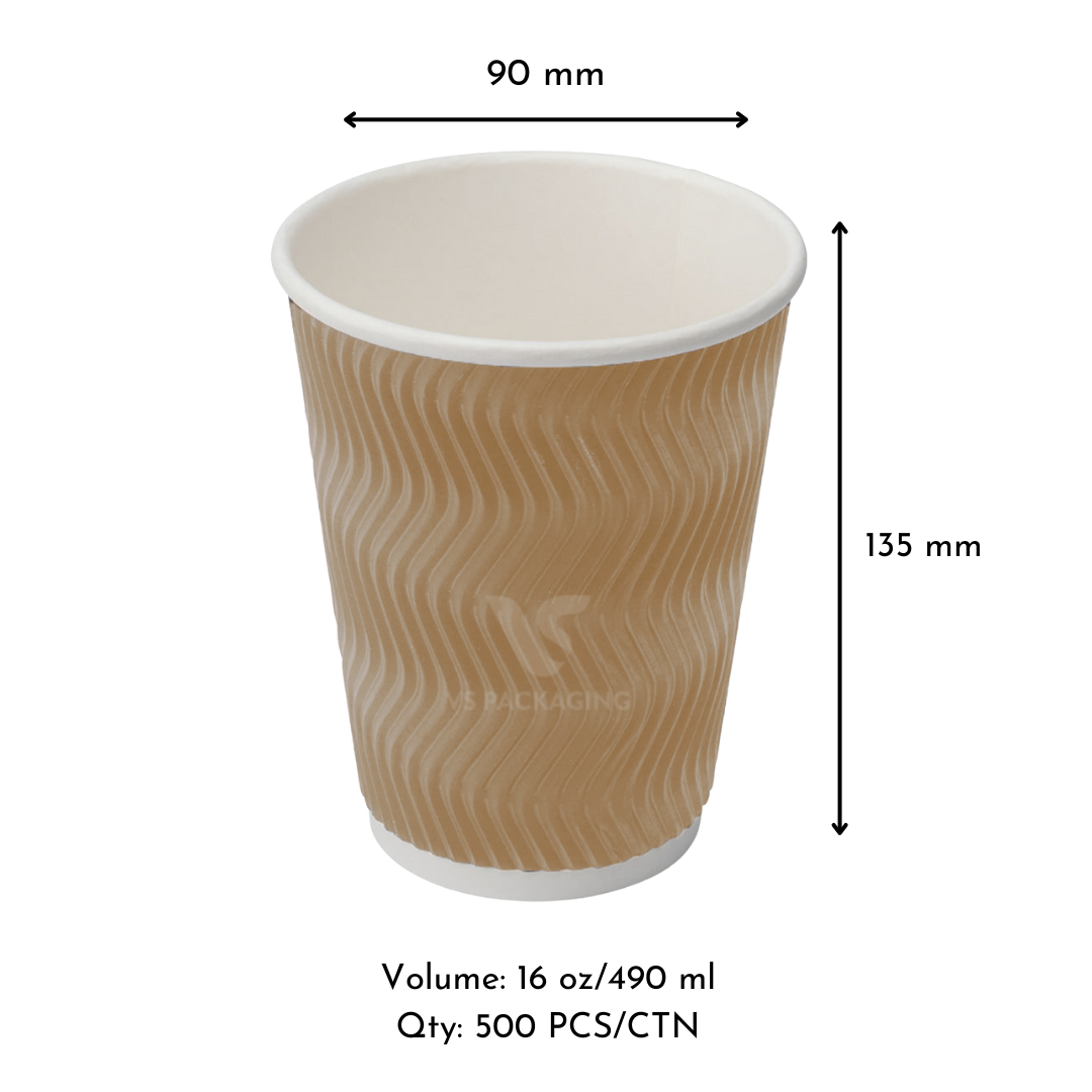 16oz Kraft Ripple Wall Coffee Cups – Triple Insulated – 90mm – VS Packaging