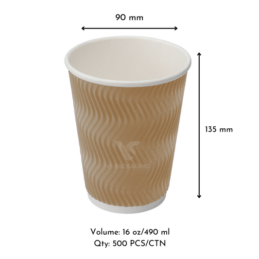 16oz Kraft Ripple Wall Coffee Cups – Triple Insulated – 90mm – VS Packaging