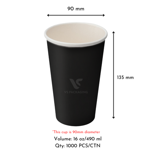 16oz Black Single Wall Paper Coffee Cup – 90mm Diameter (1000pcs) by VS Packaging