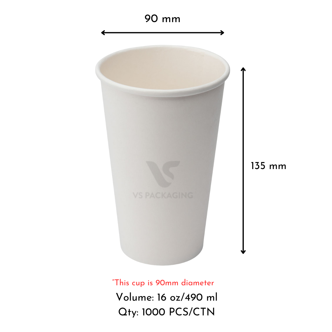 16oz White Single Wall Paper Coffee Cup – 90mm Diameter (1000pcs) by VS Packaging