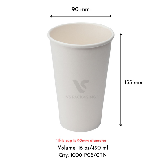 16oz White Single Wall Paper Coffee Cup – 90mm Diameter (1000pcs) by VS Packaging
