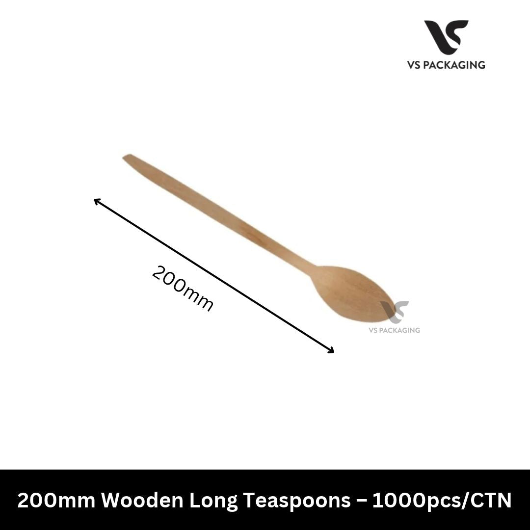 200mm Wooden Long Teaspoons Eco-Friendly Disposable Cutlery – 1000pcs/CTN VS Packaging