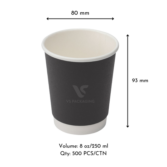 8oz Black Double Wall Paper Coffee Cups – 80mm (500pcs) by VS Packaging