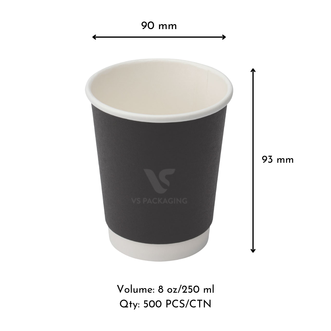 8oz Black Double Wall Paper Coffee Cups – 90mm (500pcs) by VS Packaging