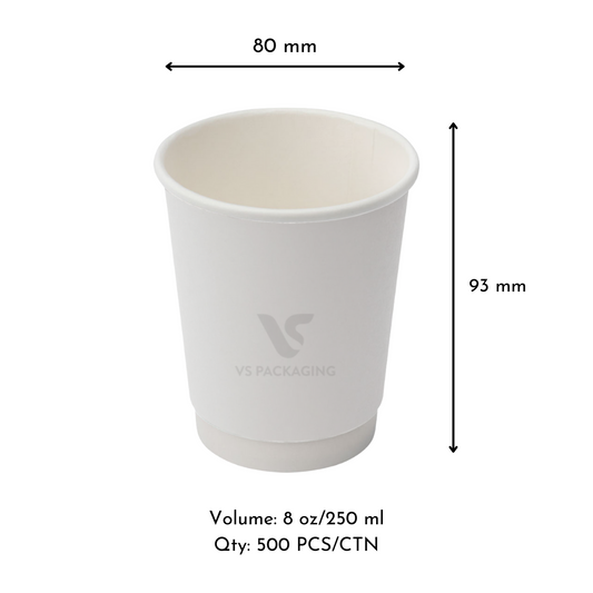 8oz White Double Wall Paper Coffee Cups – 80mm Rim (500pcs) by VS Packaging
