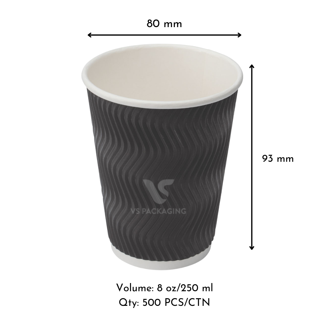 8oz Black Ripple Wall Coffee Cups – 80mm (500pcs) by VS Packaging