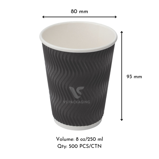 8oz Black Ripple Wall Coffee Cups – 80mm (500pcs) by VS Packaging