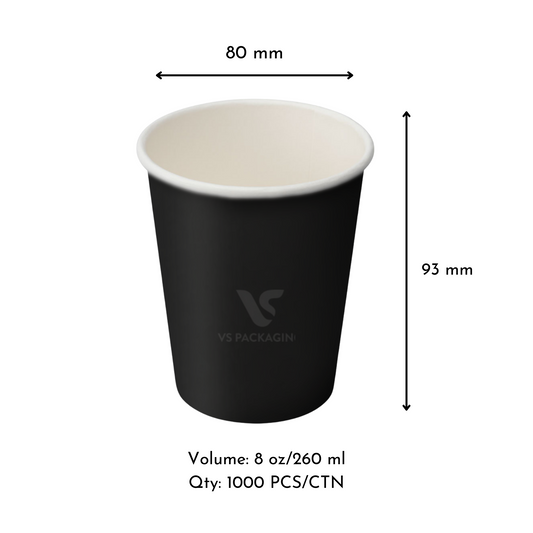8oz Black Single Wall Paper Coffee Cup – 80mm Diameter (1000pcs) VS Packaging