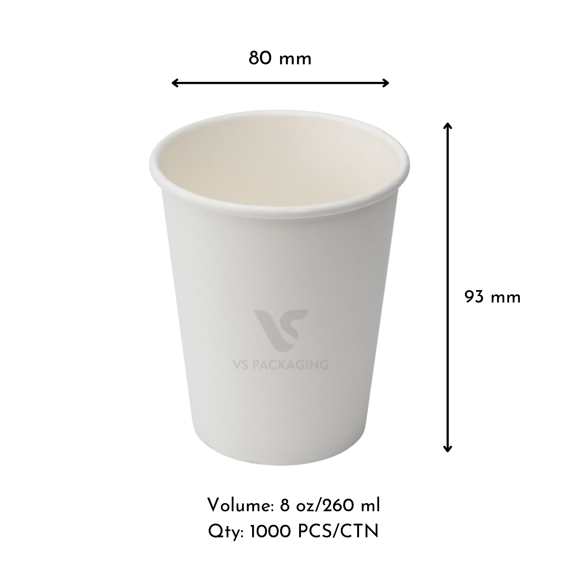 8oz White Single Wall Paper Coffee Cup – 80mm Diameter (1000pcs) VS Packaging