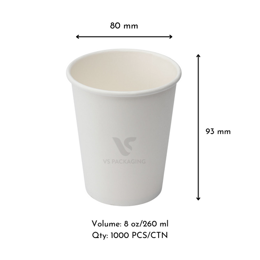 8oz White Single Wall Paper Coffee Cup – 80mm Diameter (1000pcs) VS Packaging