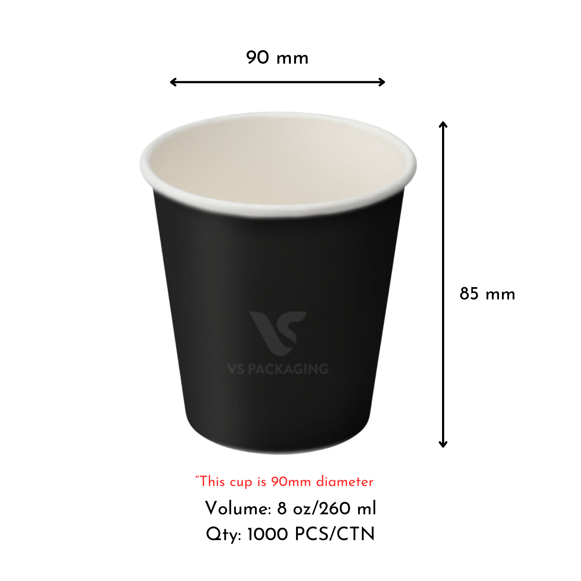 8oz Black Single Wall Paper Coffee Cup – 90mm Diameter (1000pcs) by VS Packaging