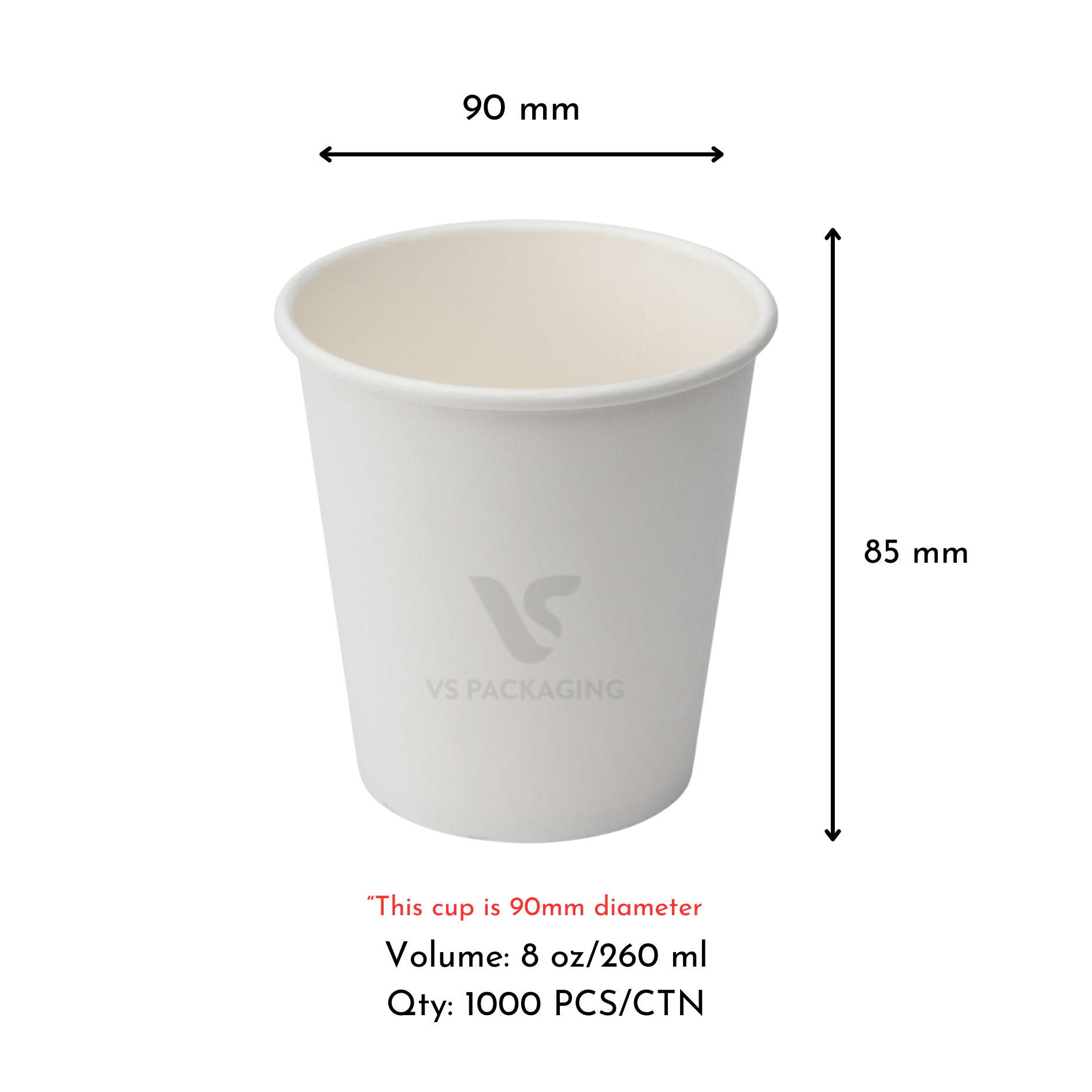 8oz White Single Wall Paper Coffee Cup – Wide 90mm Diameter (1000pcs) by VS Packaging