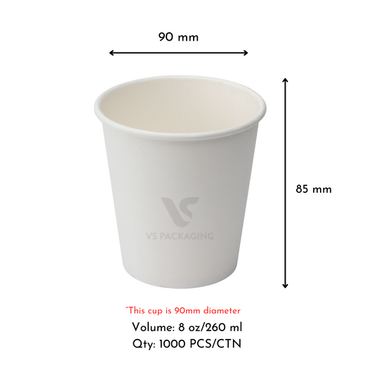 8oz White Single Wall Paper Coffee Cup – Wide 90mm Diameter (1000pcs) by VS Packaging