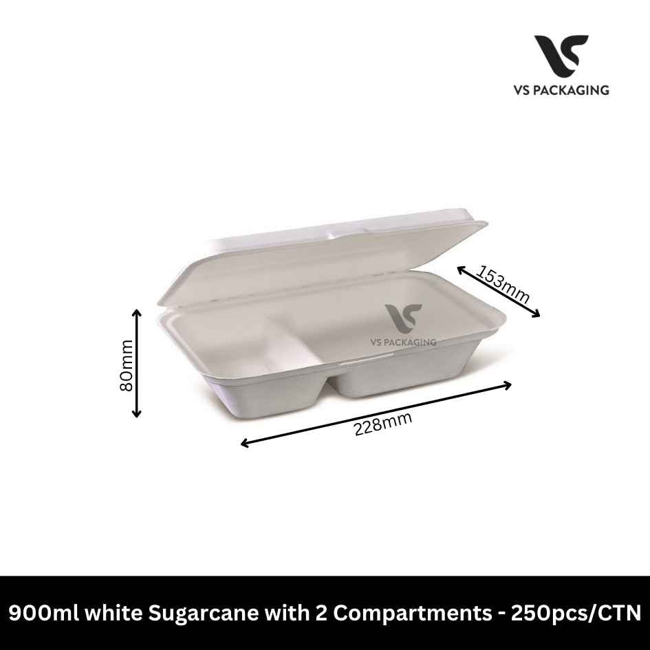 900ml white Sugarcane with 2 Compartments - 250pcs/CTN VS Packaging