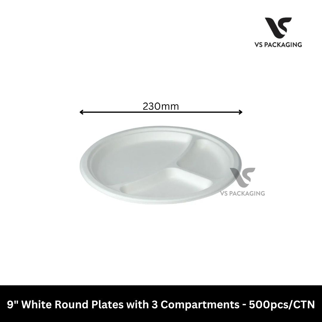 9″ Sugarcane Round Plates with 3 Compartments - 500pcs/CTN VS Packaging