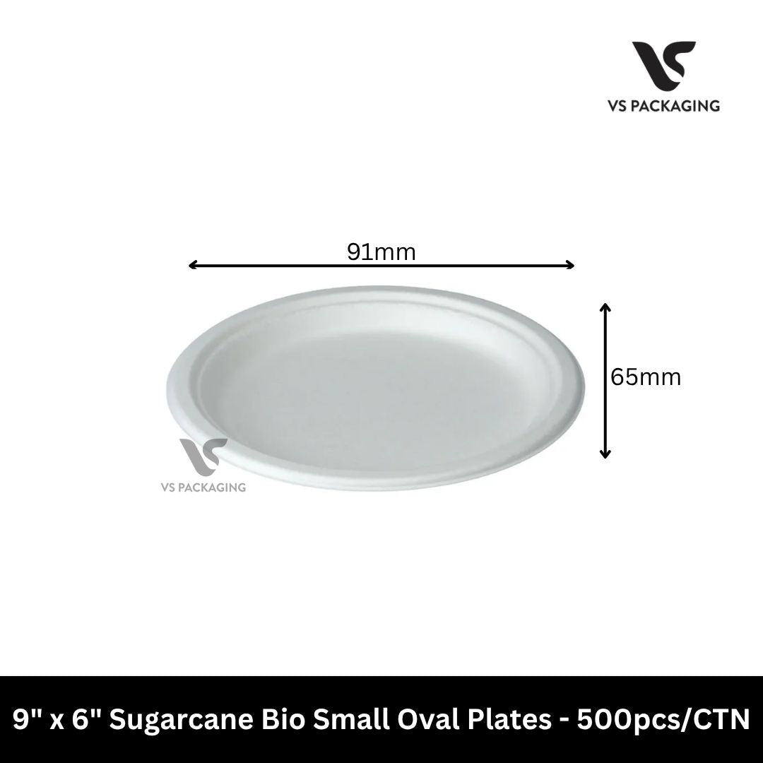 9" x 6" white Sugarcane Bio Small Oval Plates - 500pcs/CTN VS Packaging