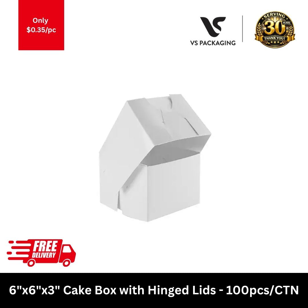 6x6x3 white cake box with hinged lid for bakery takeaway packaging, food-grade dessert box 100pcs carton