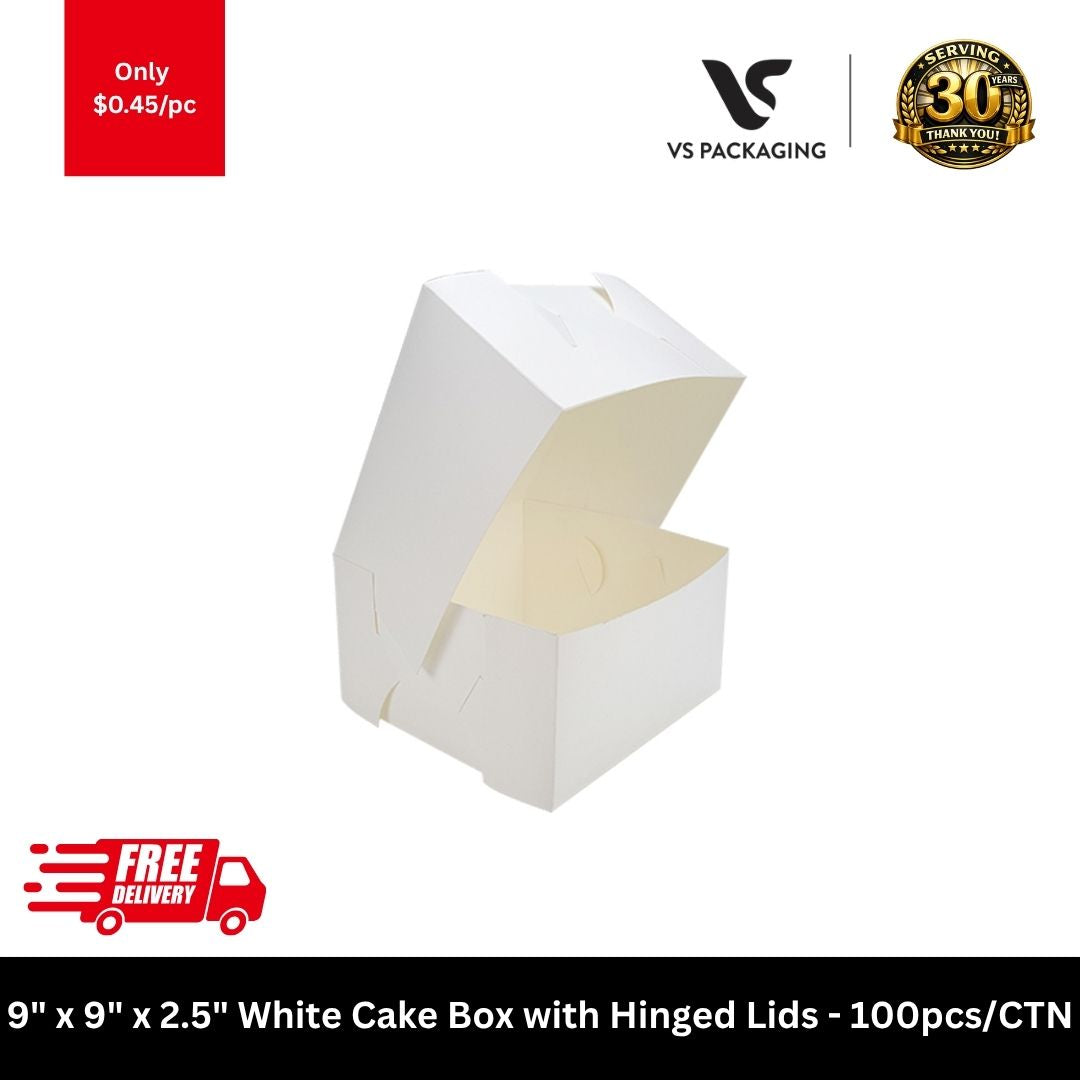 9x9x2.5 white cake box with hinged lid for medium cakes and dessert packaging, bakery food-grade box 100pcs carton