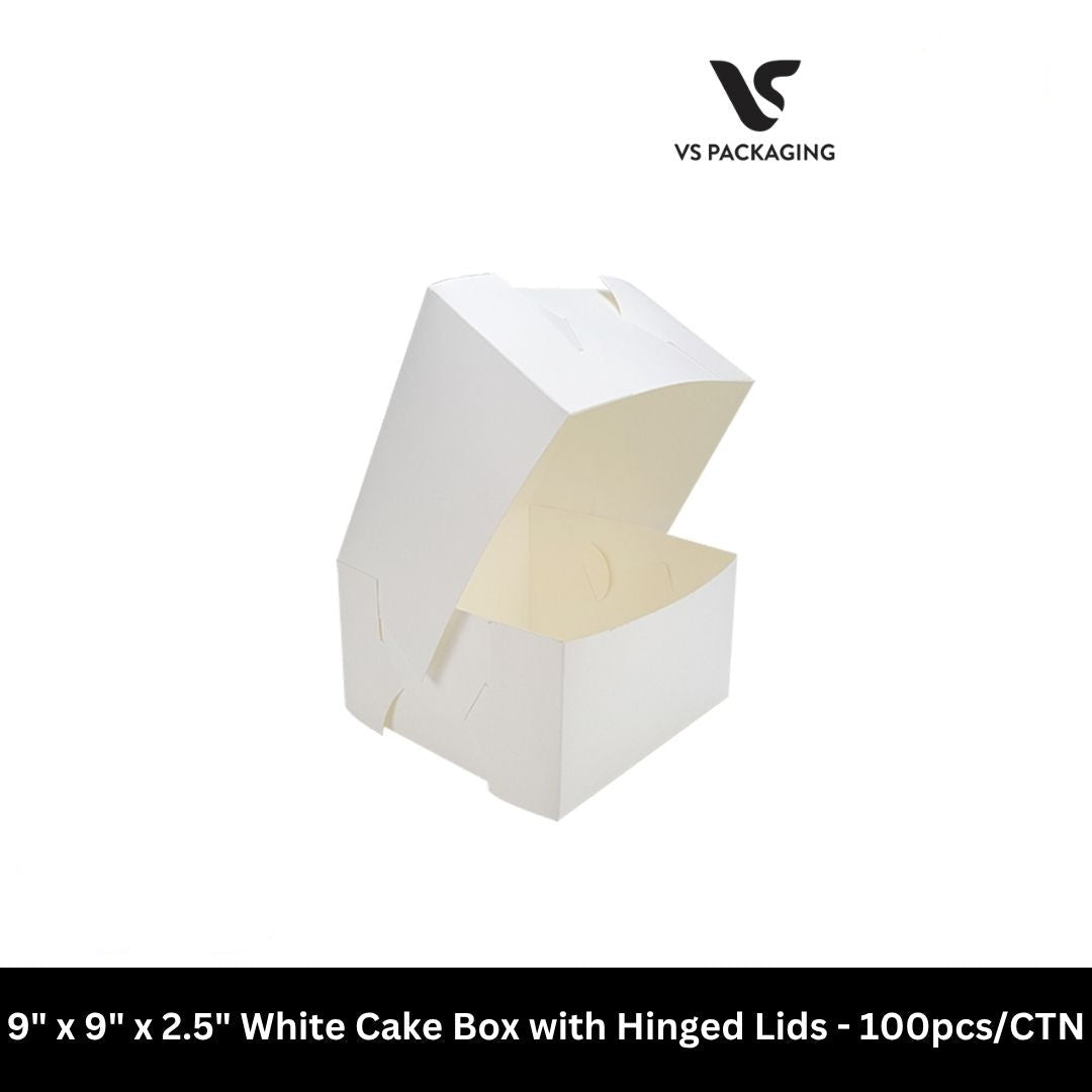 9x9x2.5 white cake box with hinged lid for medium cakes and dessert packaging, bakery food-grade box 100pcs carton