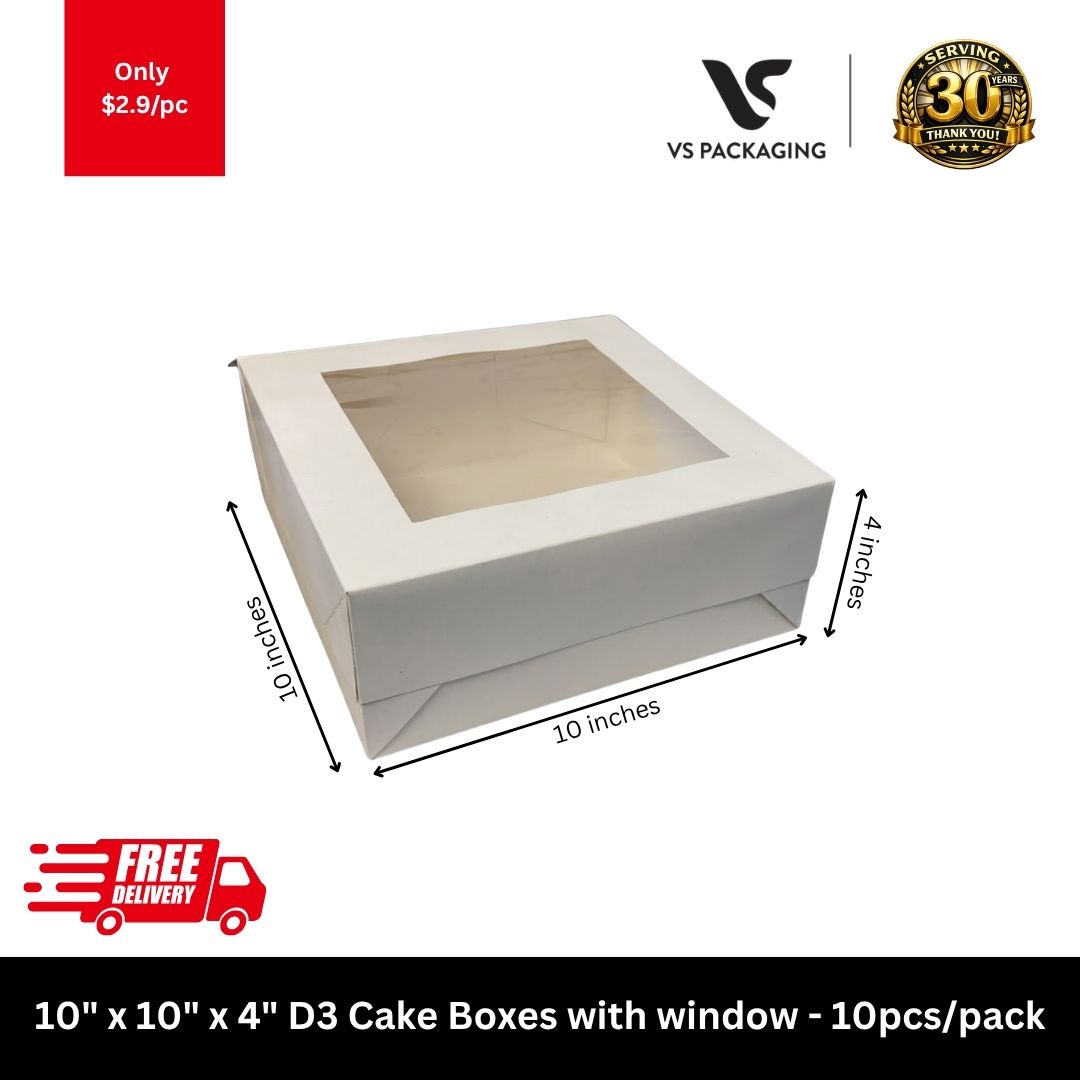 10x10x4 white cake box with clear window for cakes and bakery takeaway packaging, food-grade cake box 10pcs pack