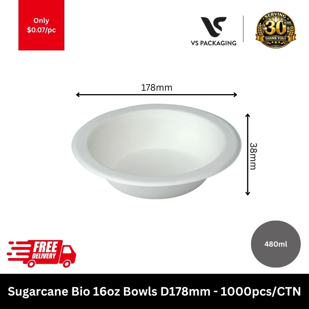 Sugarcane 16oz compostable bowls 178mm eco friendly bagasse takeaway bowls for cafes restaurants catering Australia