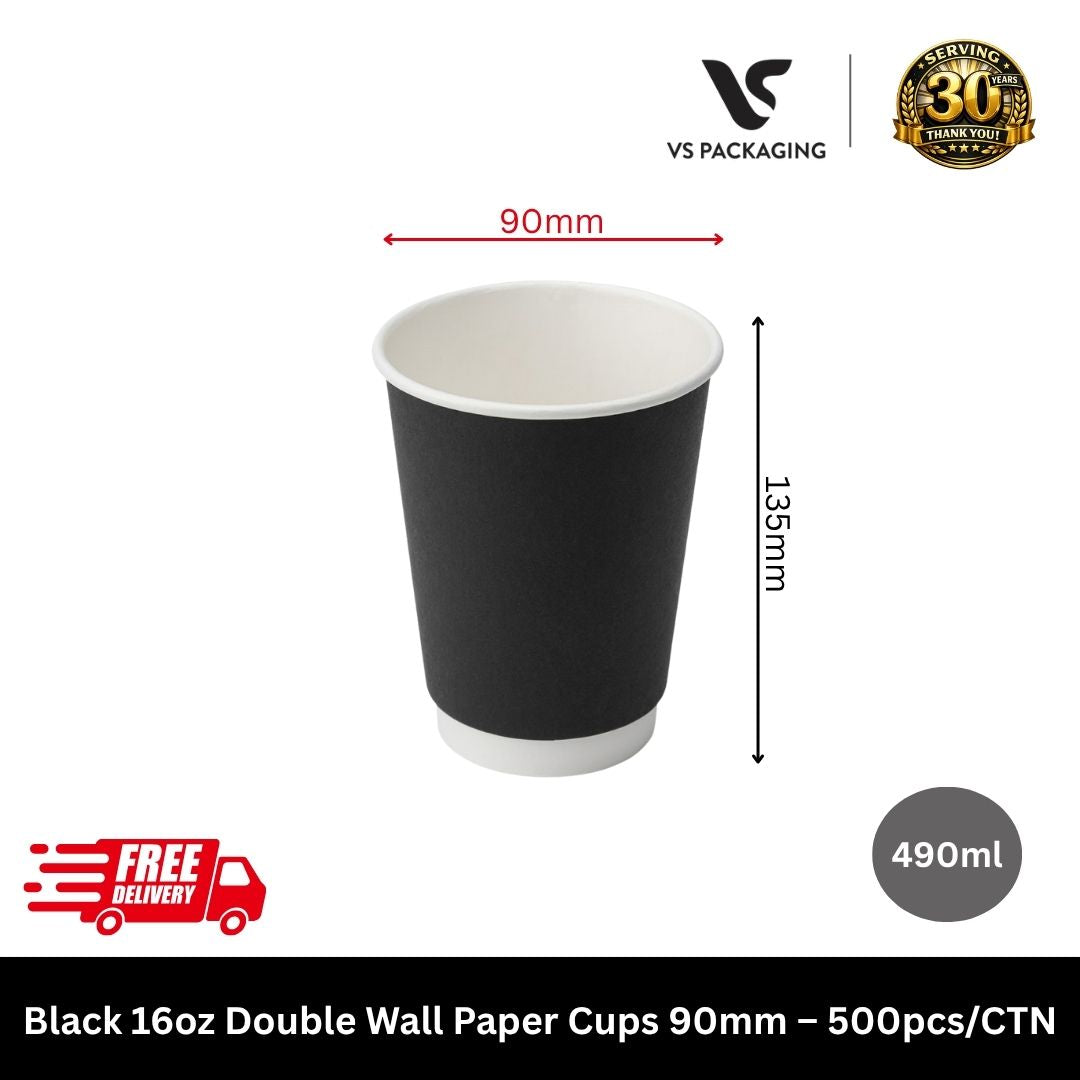 Black 16oz double wall paper coffee cups 90mm bulk large takeaway hot cups for cafes Australia
