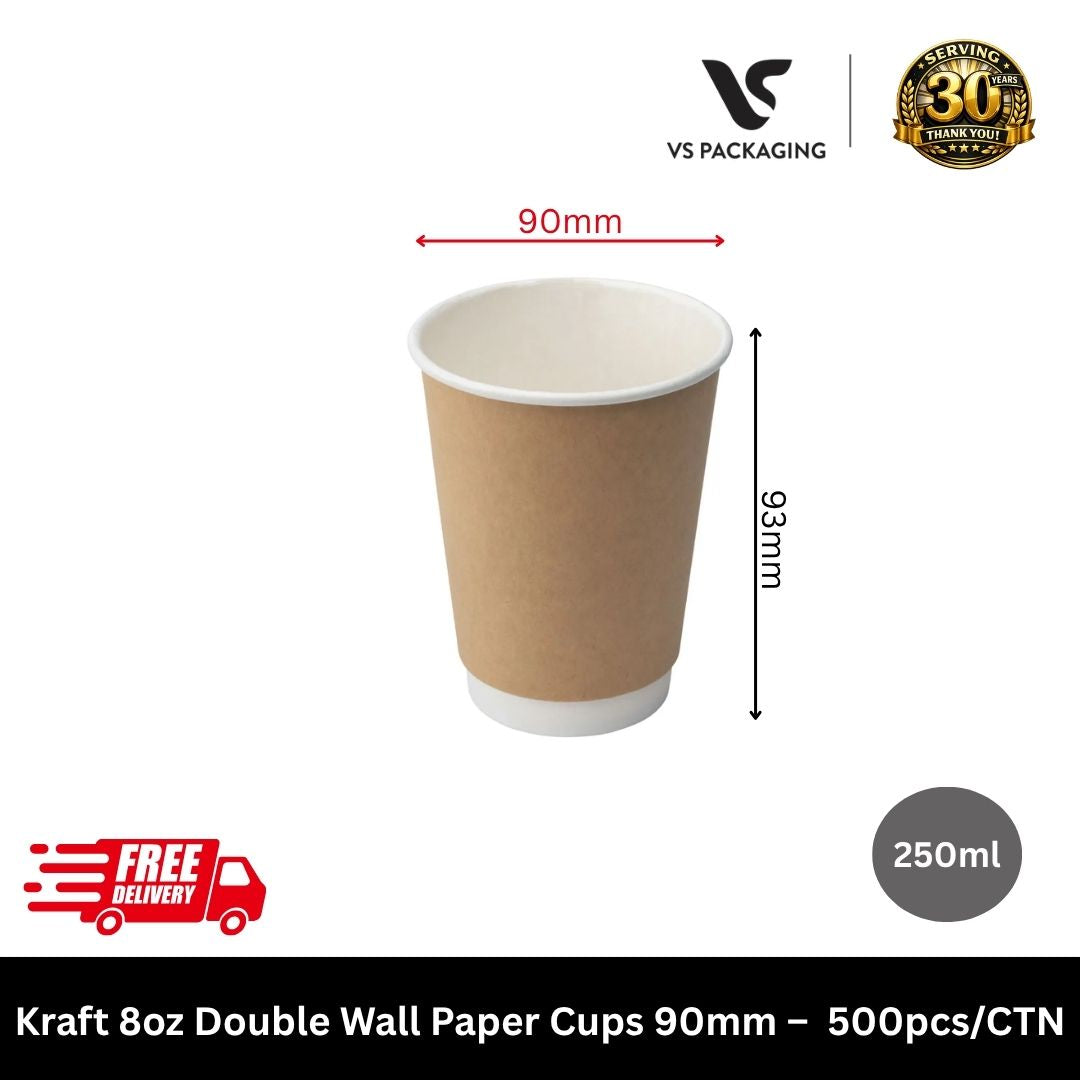 Kraft 8oz double wall paper coffee cups 90mm eco takeaway cups bulk for cafes Australia