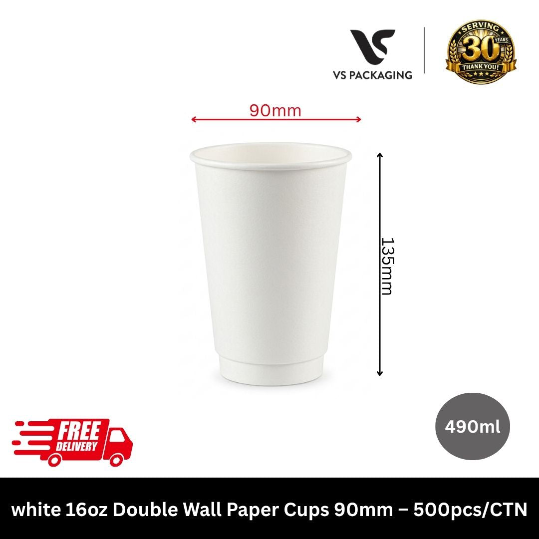 White 16oz double wall paper coffee cups 90mm bulk large takeaway hot cups for cafes Australia