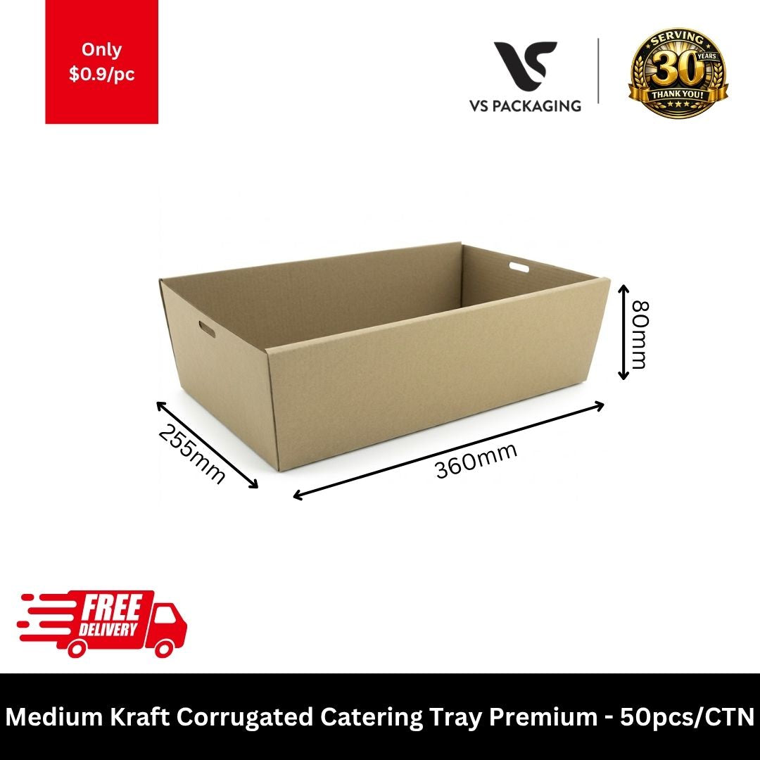 Medium kraft corrugated catering tray premium 360x255x80mm heavy duty cardboard food tray for takeaway and catering
