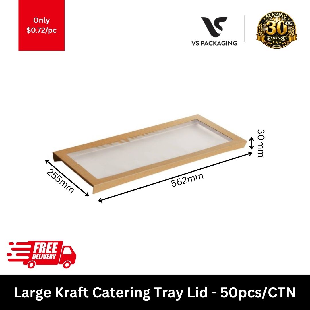 Large kraft catering tray lid with PET window 562x255x30mm cardboard food lid for catering takeaway and large portions