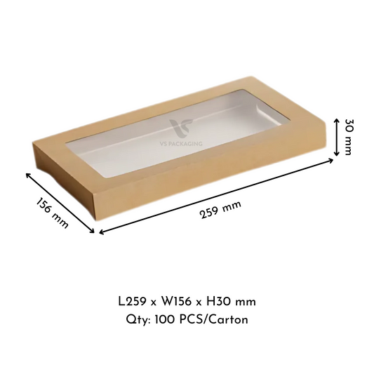 Kraft Catering Tray 1 Small Lid – 259×156×30mm Cardboard + PET Lid supplied by VS Packaging Australia (100pcs / Carton)