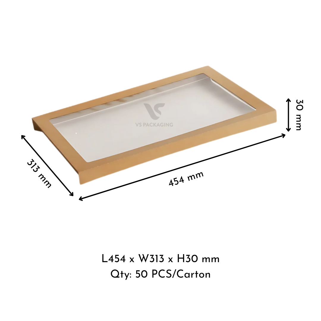 Kraft Catering Tray 4 Extra-Large Lid – 454×313×30mm Cardboard + PET Lid supplied by VS Packaging Australia (50pcs / Carton)