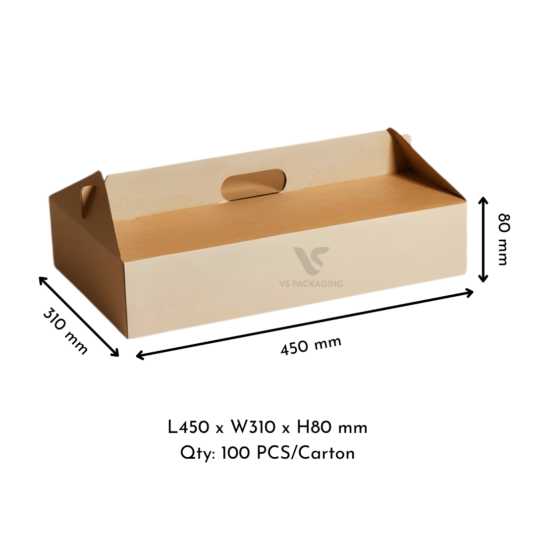 Kraft Corrugated Carry Box 3 Large – eco-friendly takeaway food box 400 × 249 × 85 mm, recyclable kraft cardboard, 100 per carton.