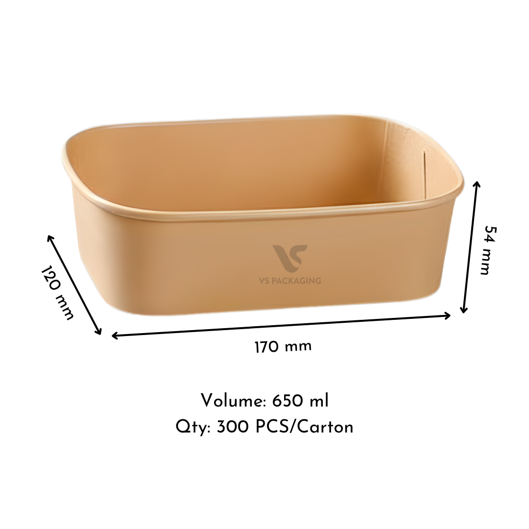 Kraft Rectangular Container 650 ml Base – eco-friendly kraft paper food box 172 mm top diameter × 51 mm width × 102 mm height, 300 per carton.