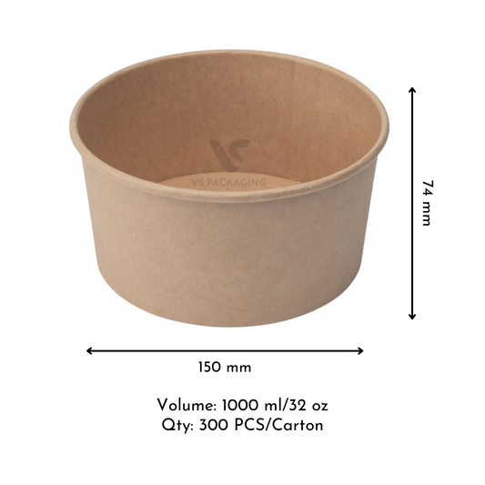 Kraft Salad Bowl 1000 ml 32 oz Base – 150 mm Diameter Eco-Friendly Food Packaging Australia