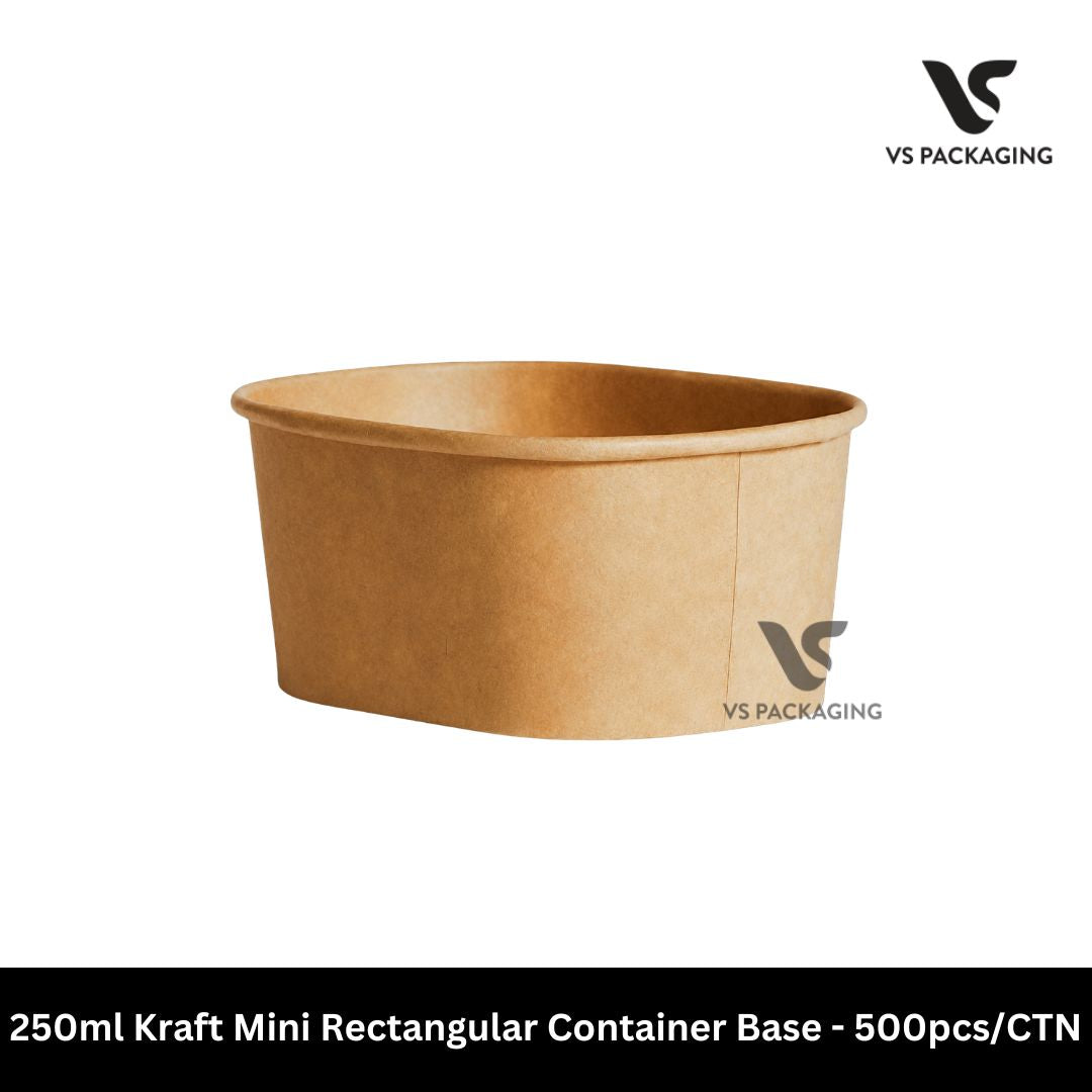 Papeway Mini 250ml Kraft Rectangular Container – eco-friendly PP-lined kraft paper food box for salads and sides, compatible with PET lid, 500 per carton.