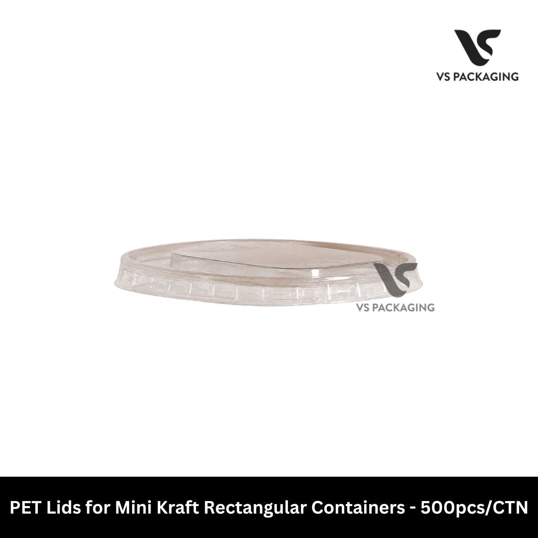Paperway PET Lids for Mini Kraft Rectangular Containers – clear, leak-resistant food-grade PET lids for 150 ml and 250 ml Papeway containers, 500 per carton.