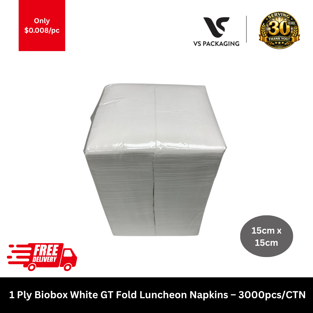 Biobox 1 ply white GT fold luncheon napkins 3000pcs disposable paper napkins 15cm x 15cm